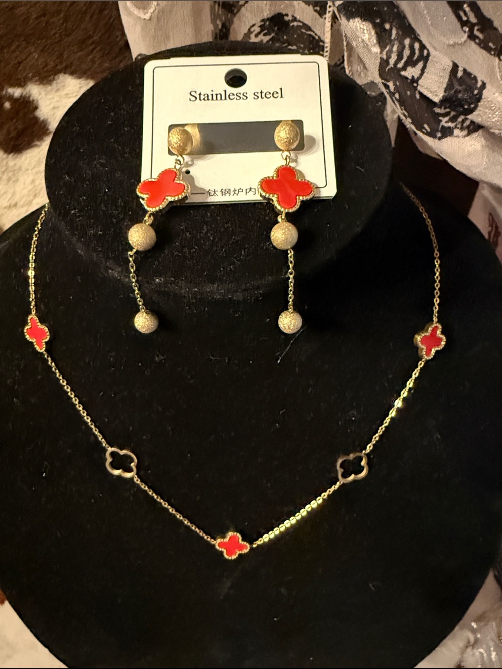 Stainless steel Necklace & Earrings with Red Clover Accents